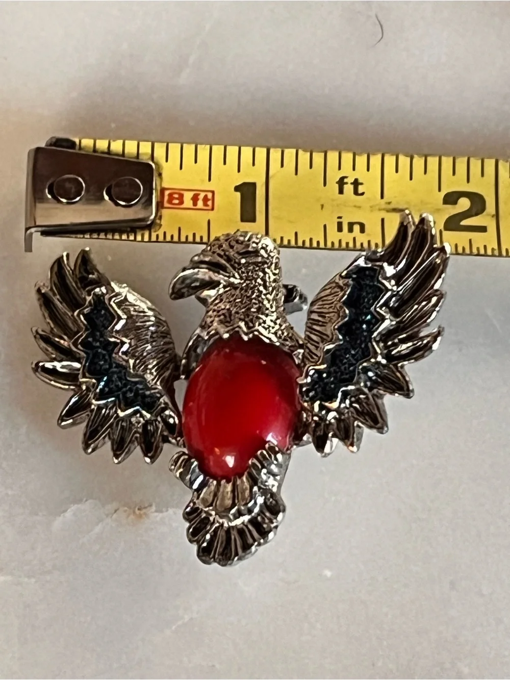 Vintage Gerry's Eagle Brooch Pin Silver Tone Faux Coral Red Cabochon